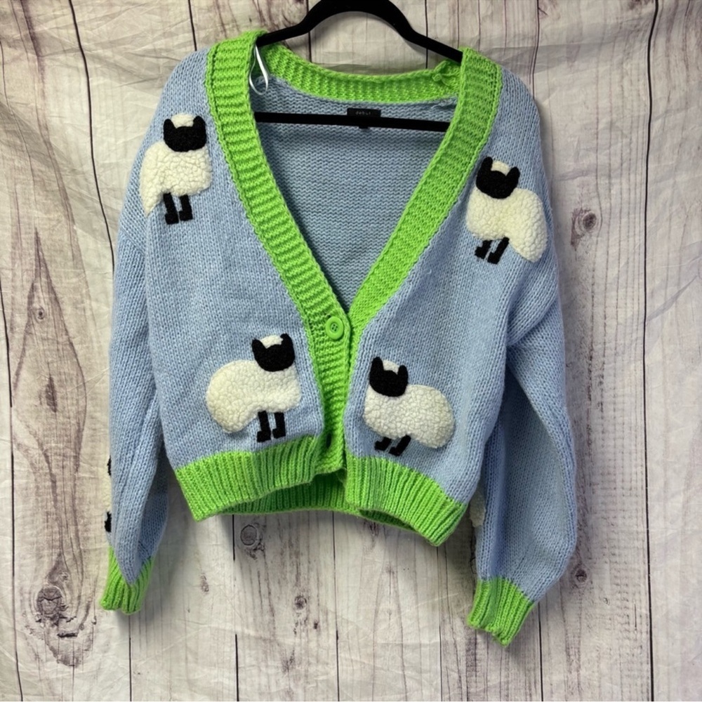 Women's Blue and Green Sheep Sweater